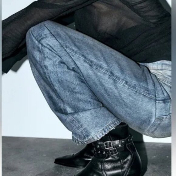 Zara Studded Black Leather Cowboy Ankle Boots - Picture 6 of 10